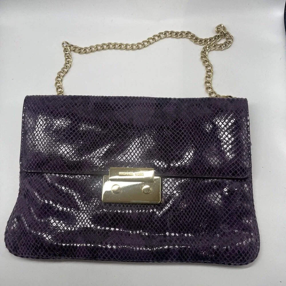 Michael Kors Sloan Purple Leather Snake Print Large Clutch